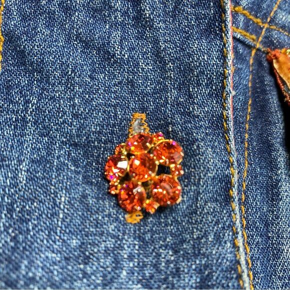 Vintage Bohemian Orange Jewel Button Blue Denim Trucker Jacket Sz S - Picture 10 of 16